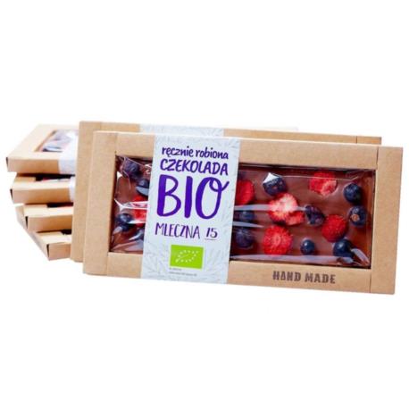 CZEKOLADA MLECZNA Z CZARNYMI PORZECZKAMI  I TRUSKAWKAMI BIO 53 g - CUKIERNIA STAR
