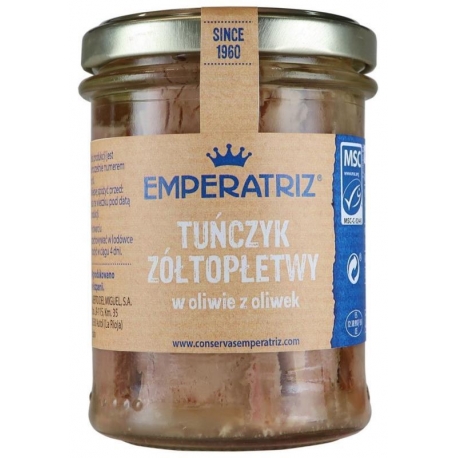 TUŃCZYK ŻÓŁTOPŁETWY FILETY W OLIWIE Z OL IWEK 200 g (130 g) (SŁOIK) - EMPERATRIZ