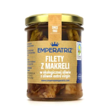 MAKRELA FILETY W BIO OLIWIE Z OLIWEK EXT RA VIRGIN 190 g (125 g) (SŁOIK) - EMPERA