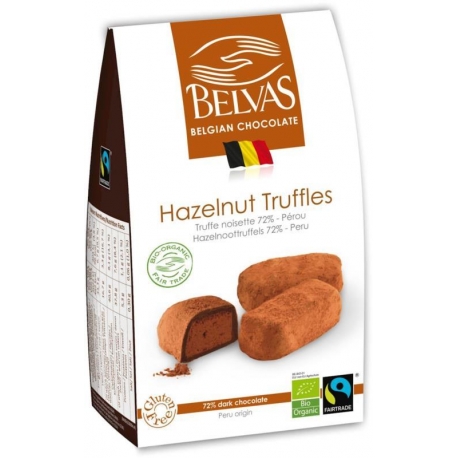 BELGIJSKIE CZEKOLADKI TRUFFLE Z ORZECHAM I LASKOWYMI BEZGLUTENOWE FAIR TRADE BIO